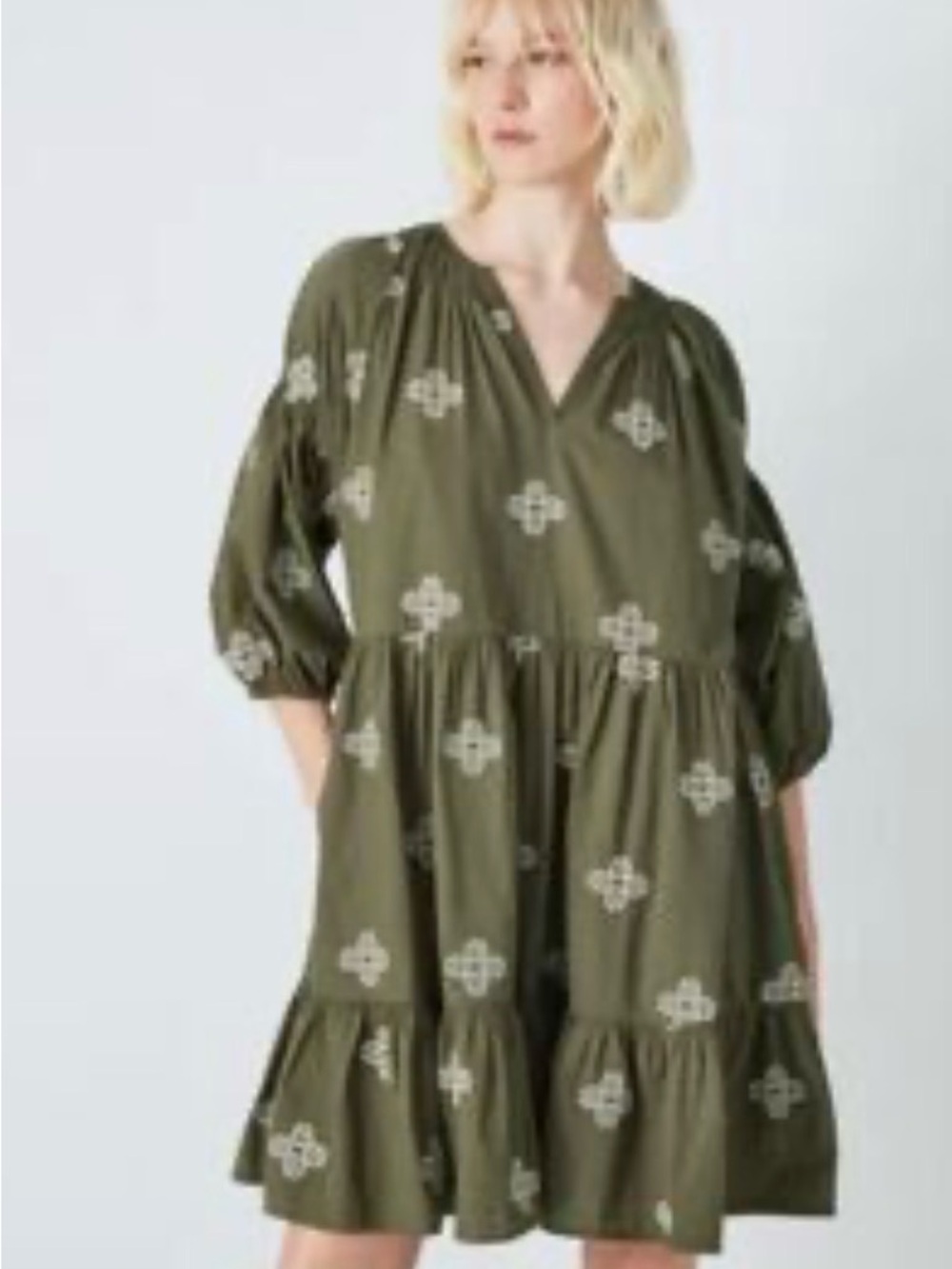 MIRA Cotton Gauze Olive Green Embroidered Tiered Dress  XXL 3/4 puffed sleeves